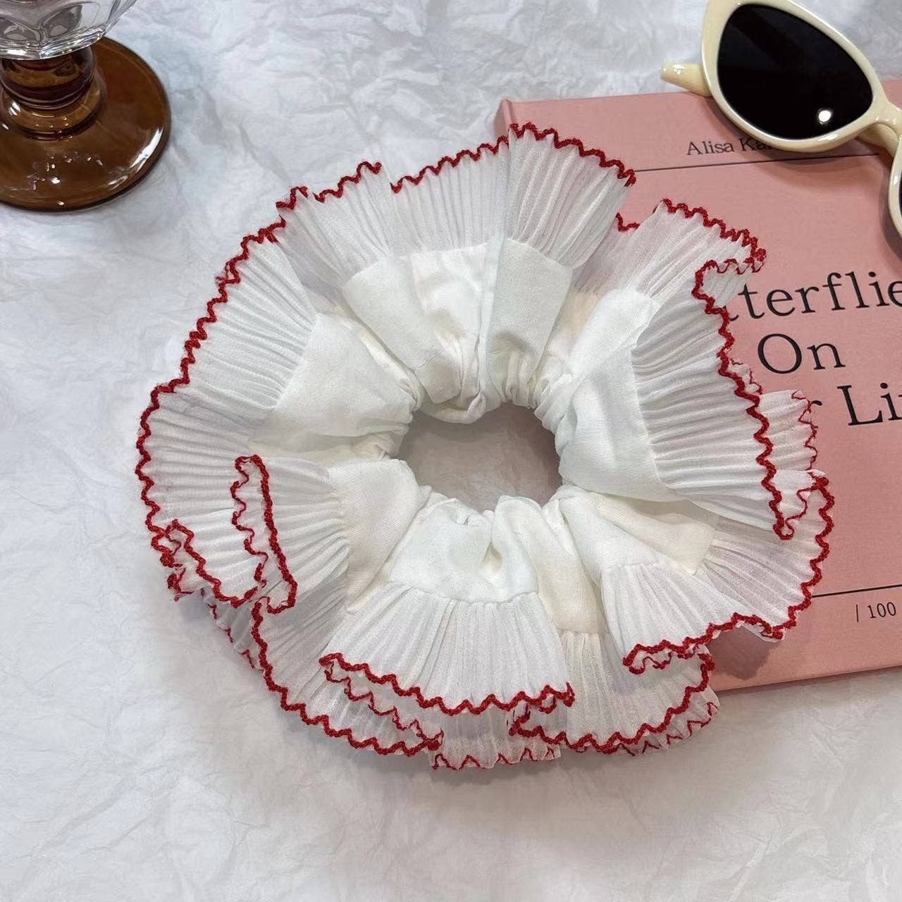 Red Roe Ruffled Lace Scrunchie with red trim