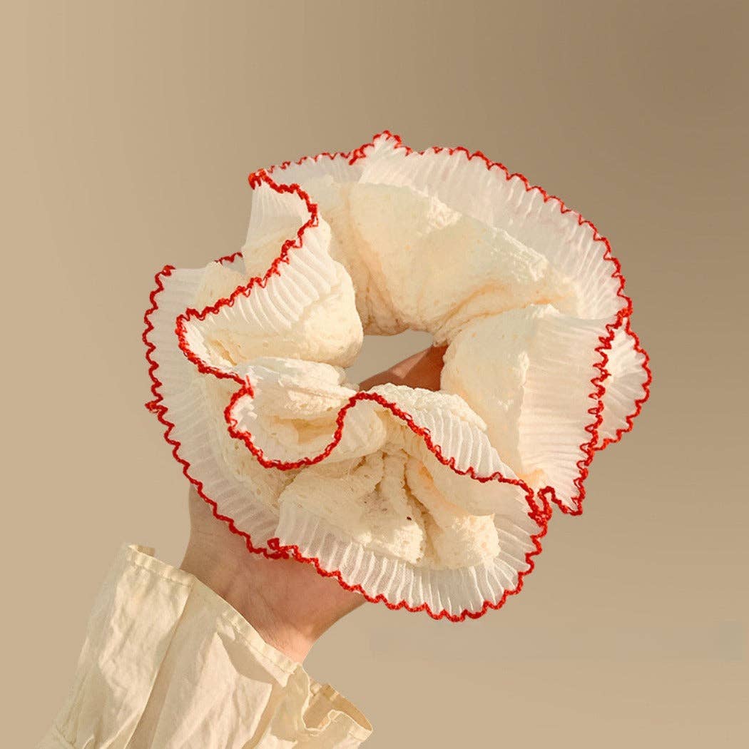 Red Roe Ruffled Lace Scrunchie with red trim