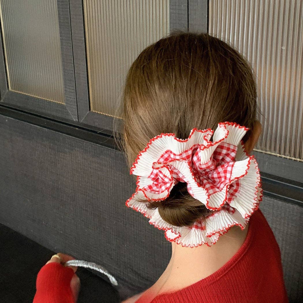 Red Picnic Scrunchie - Ruffled Lace Scrunchie with Gingham