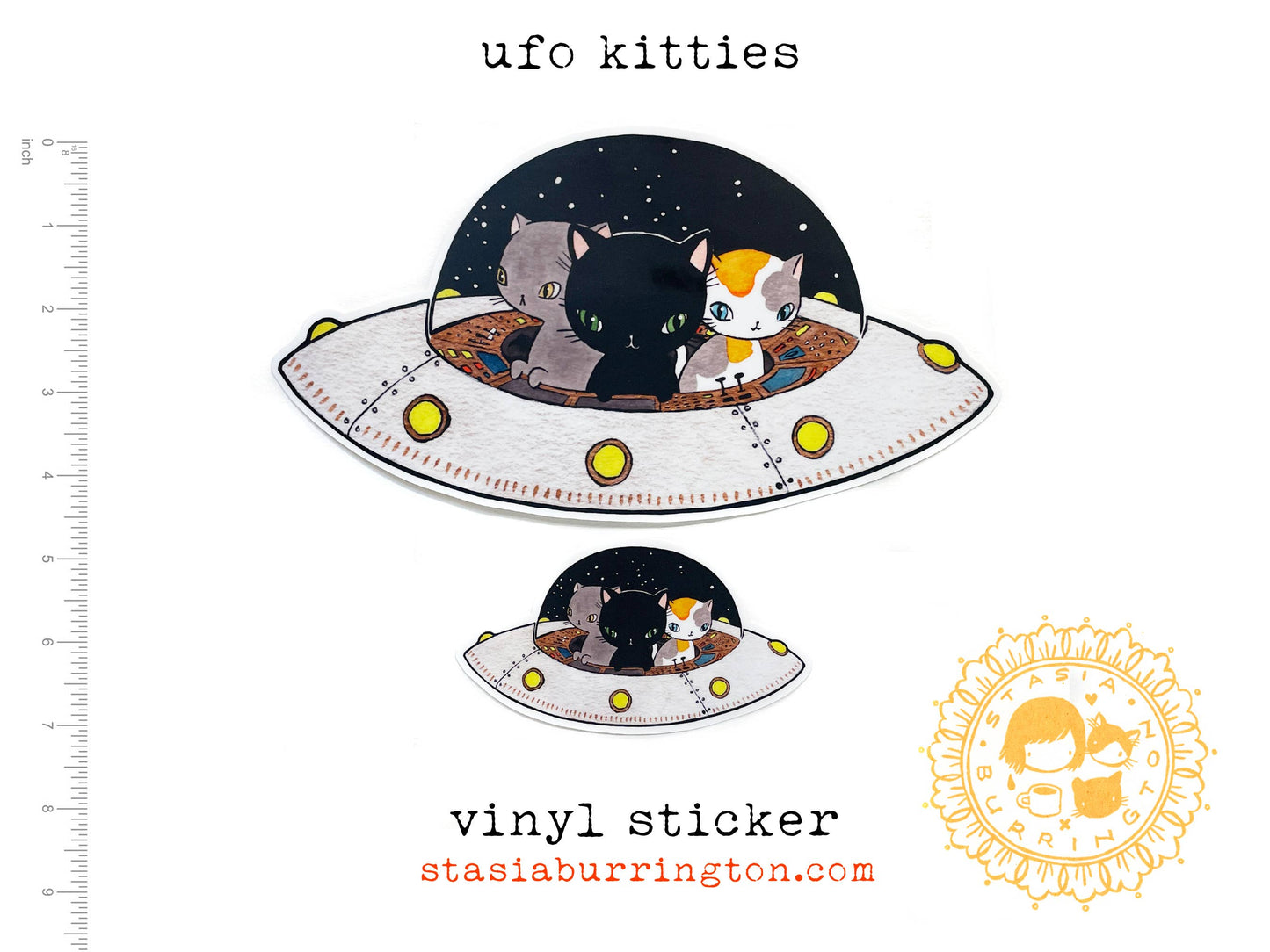Stasia Burrington Illustration - Vinyl Sticker - UFO Kitties - space cats: Large