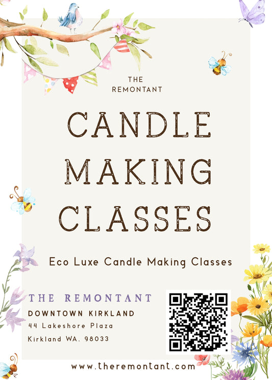 Advertisement for The Remontant candle making classes with floral decorations and a QR code.