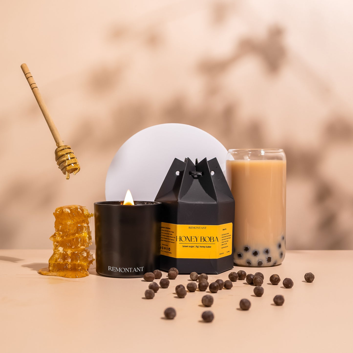 Eco-conscious , hand poured , 7oz Honey Boba Candle. Experience the soothing aroma of brown sugar, figs, and honey butter."