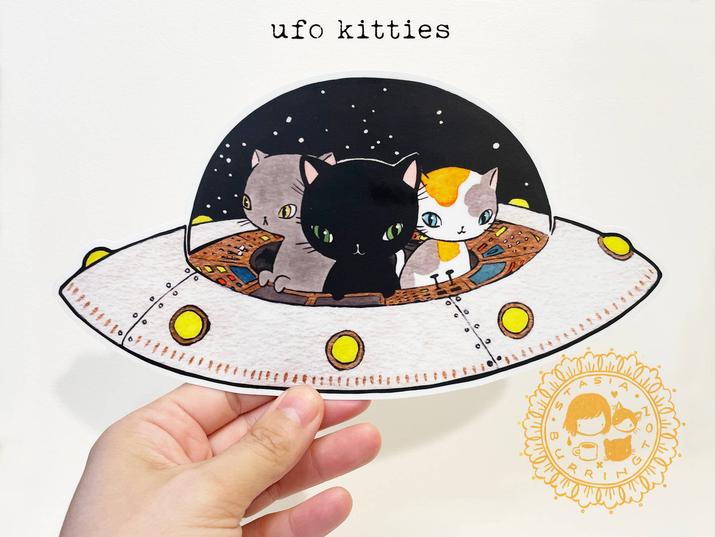 Stasia Burrington Illustration - Vinyl Sticker - UFO Kitties - space cats: Large