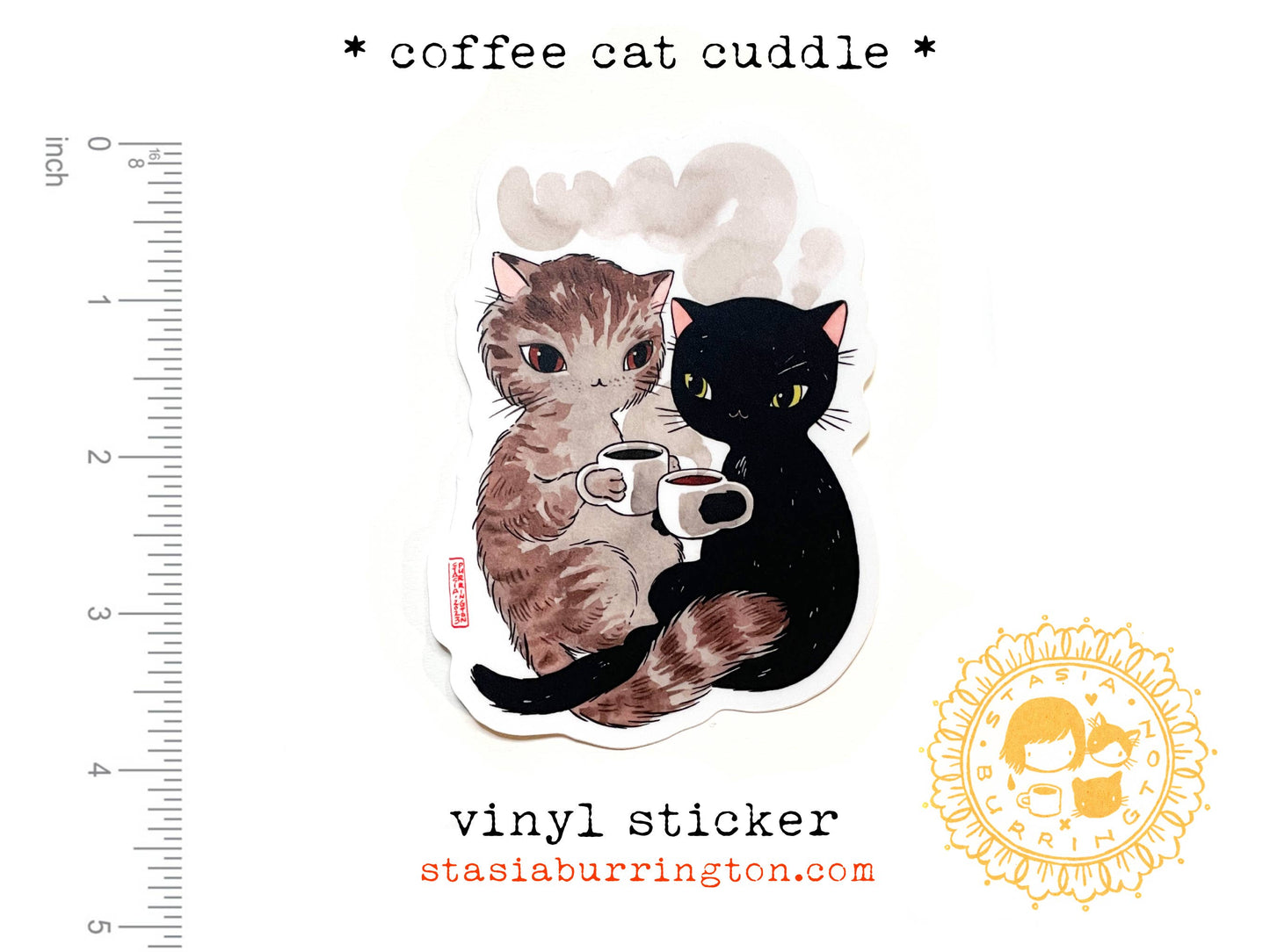 Stasia Burrington Illustration - Vinyl Sticker - Coffee Cat Cuddle