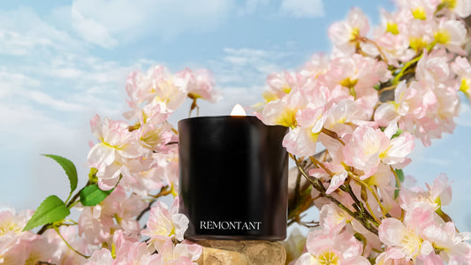The Remontant Cherry Blossom Candle with a crackling wood wick 