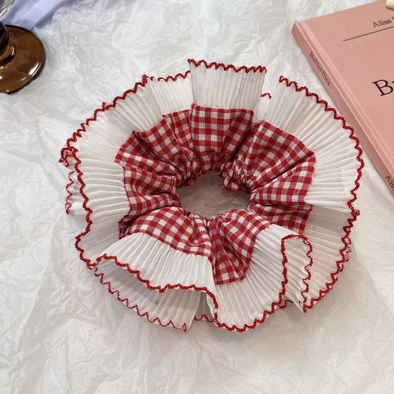 Red Picnic Scrunchie - Ruffled Lace Scrunchie with Gingham
