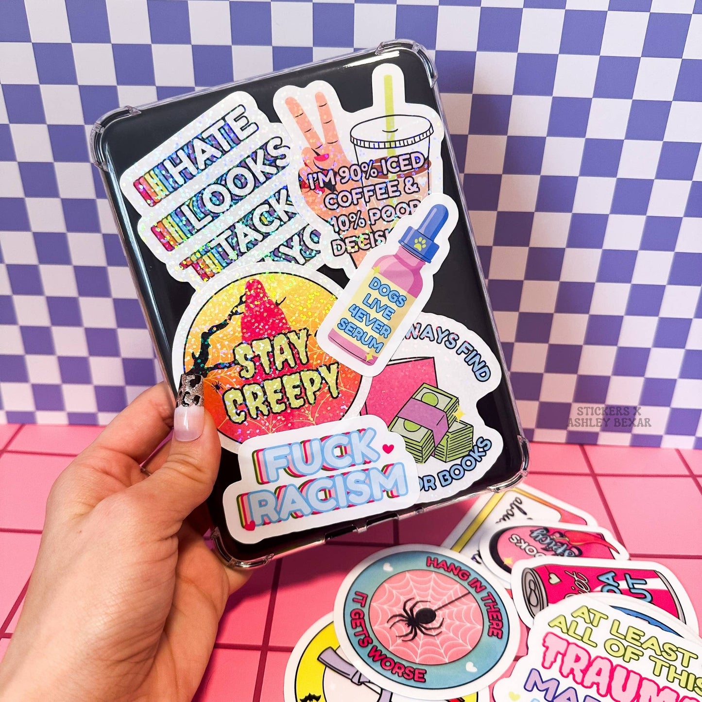 Stickers+ X Ashley Bexar -Pink Bow Teddy Bear - Cute Teddy Bear Girly Waterproof Vinyl Sticker: Matte / I want LOOSE stickers