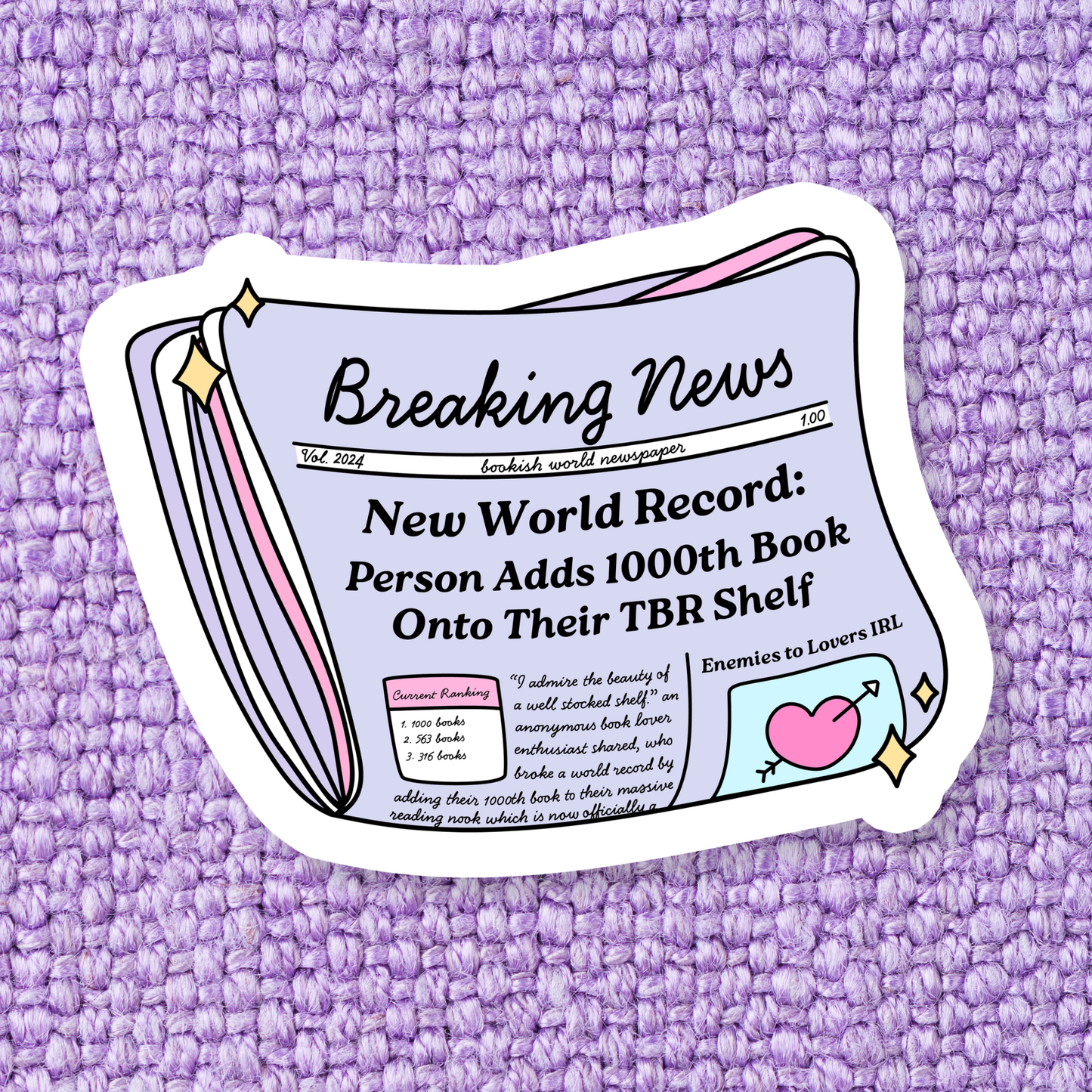 Stickers X Ashley Bexar - " Breaking News New World Record"  Book Bookish Bookstore Waterproof Vinyl Sticker