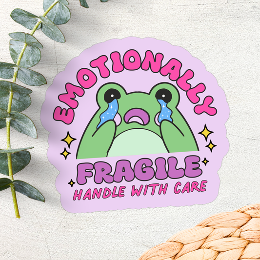 Stickers X Ashley Bexar - "Emotionally Fragile Handle with Care" Funny Frog Mental Health Waterproof Vinyl Sticker