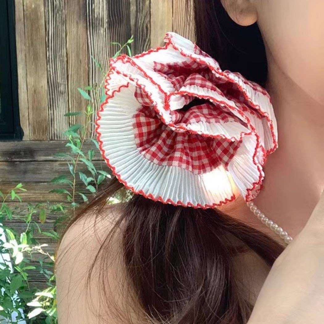 Red Picnic Scrunchie - Ruffled Lace Scrunchie with Gingham