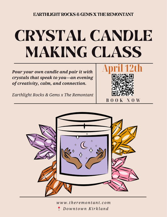 Promotional flyer for a crystal candle making class with a candle and crystals illustration.