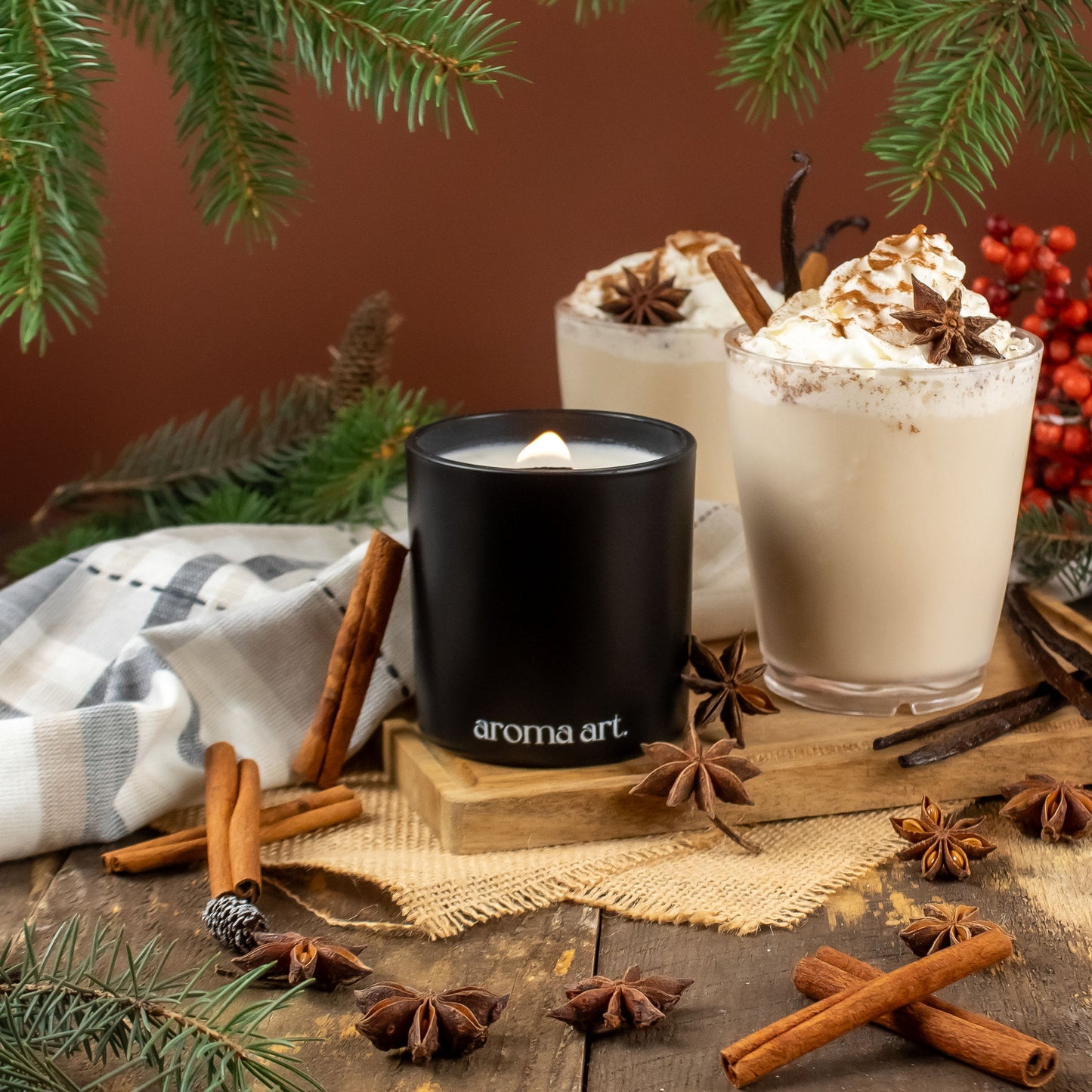 A decadent 7oz soy-coconut crackling wooden wick called Eggnog that will fill your home with notes of sweet spices, vanilla, and dark rum. Perfect for a cozy and festive night and an exquisite gift choice.