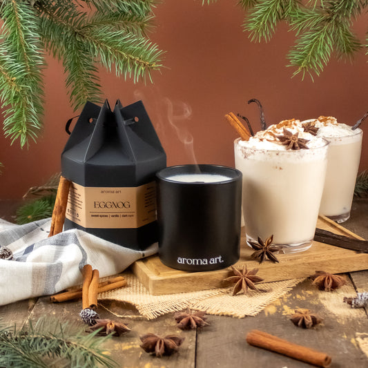 A decadent 7oz soy-coconut crackling wooden wick called Eggnog that will fill your home with notes of sweet spices, vanilla, and dark rum. Perfect for a cozy and festive night and an exquisite gift choice.