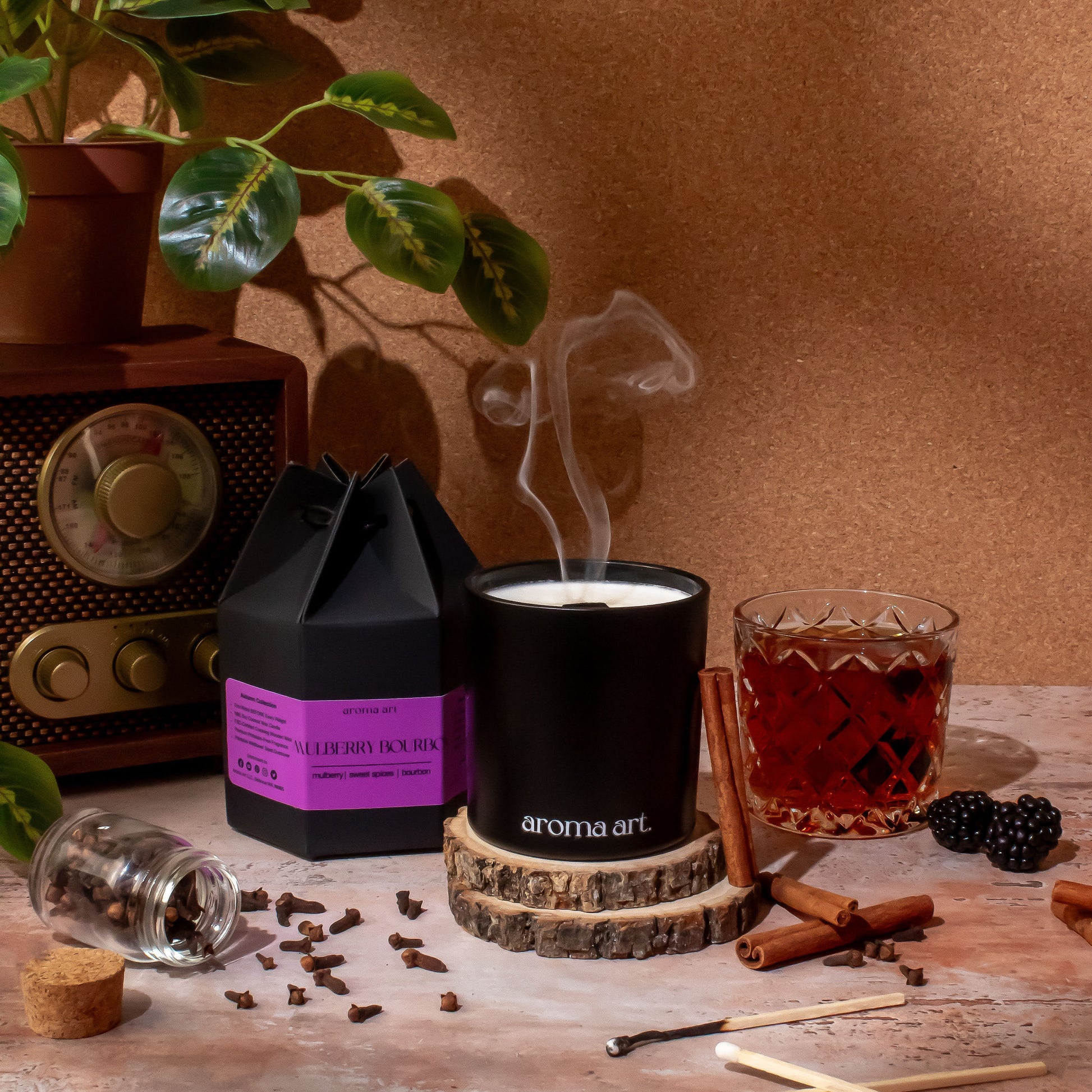 A 7oz crackling wooden wick candle in the scent Mulberry Bourbon. Featuring notes of sweet spices, mulberry, and bourbon. This cozy candle encapsulates the essence of the season and is the perfect addition to your winter decor.