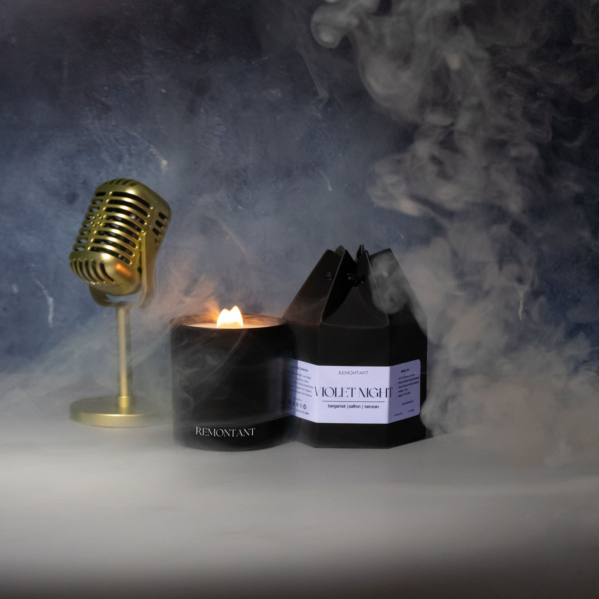 A 7oz crackling wooden wick candle named Violet Night with notes of bergamot, saffron, and benzoin. A sensual scent evoking the inspirational vibes of an evening at the jazz lounge. Perfect for a night of self-care or a romantic evening.
