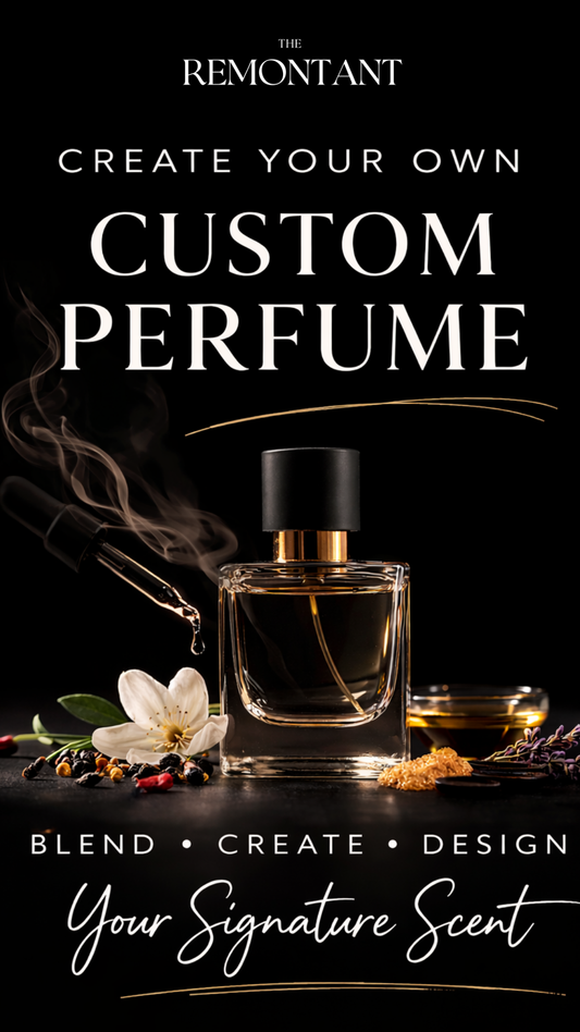 Advertisement from The Remontant for  creating custom perfume with a perfume bottle and floral elements on a dark background.